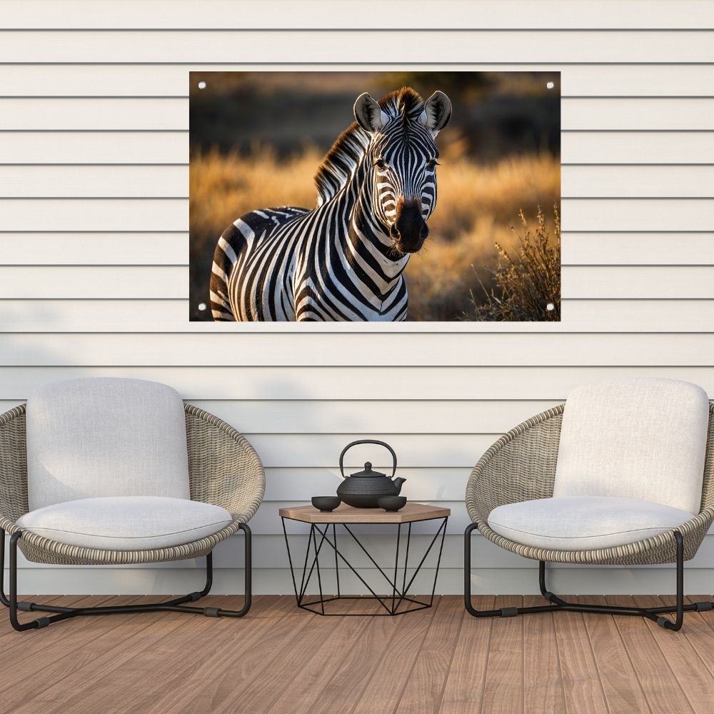 Zebra in natuurlijke omgeving bij zonsondergang tuinposter