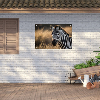Zebra bij zonsondergang in het wild tuinposter