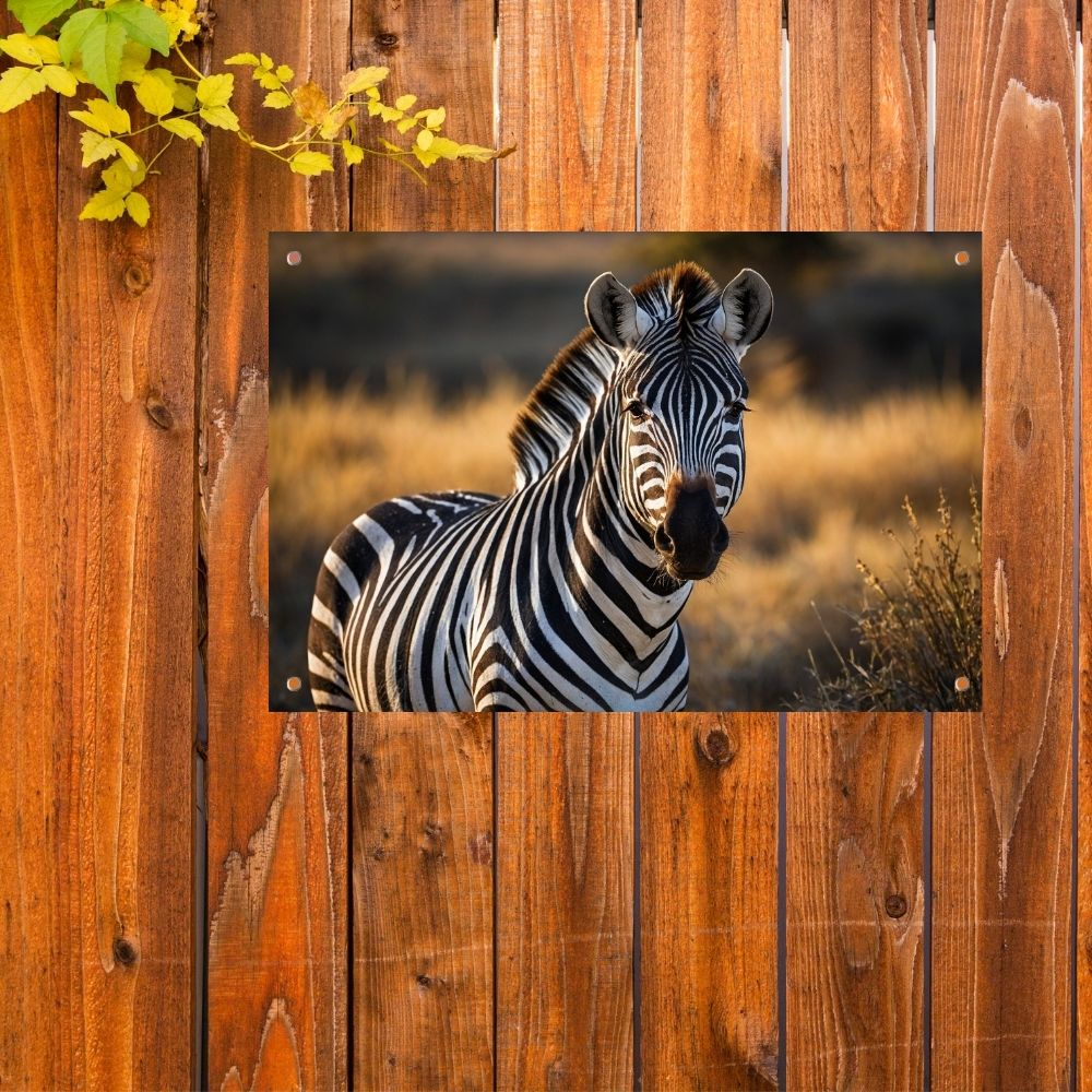 Zebra in natuurlijke omgeving bij zonsondergang tuinposter