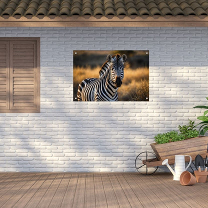 Zebra in natuurlijke omgeving bij zonsondergang tuinposter